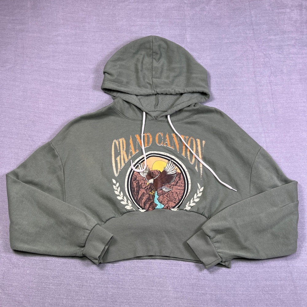 Zoe + Liv Grand Canyon Graphic Cropped Hoodie Women L Olive Green Cotton Blend